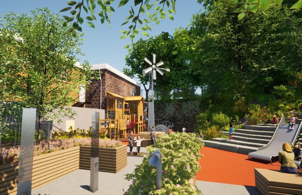 3D rendering of the new Outdoor Steam Park, with multiple play areas in a courtyard surrounded by trees and flowers.